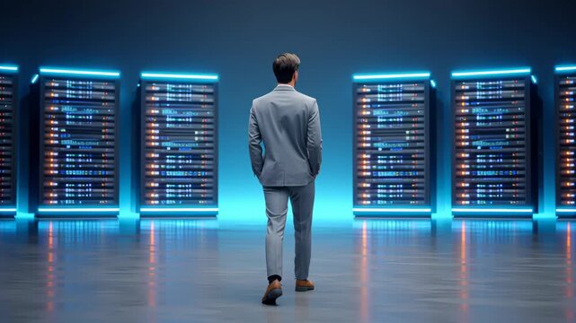 Man walking toward data server racks glowing blue light in modern digital network showing technology monopoly business analysis