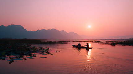 Mekong river sunset in Thailand longtail boat fishermen