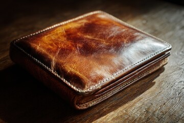 A close-up of a vintage leather wallet resting on a wooden surface, showcasing its texture and color