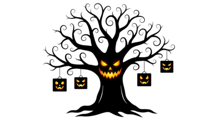 Silhouette of a gnarled, spooky tree with glowing jackolantern faces hanging from branches, isolated on transparent background