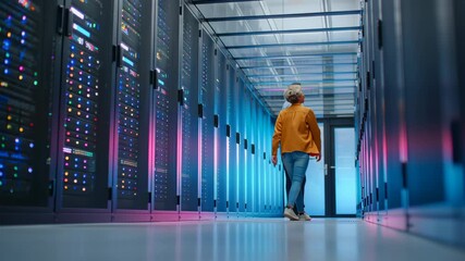 Data center server room technology discussion data monopoly modern environment with colorful lights and advanced server systems