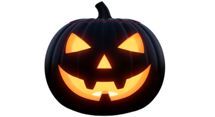 A spooky black jackolantern with a carved face and glowing orange eyes and mouth, isolated on a transparent background, perfect for halloween decorations and themes