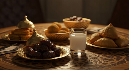 Ramadan Iftar: Dates, Milk, and Traditional Sweets on Ornate Golden Dishes, Warm Glow.