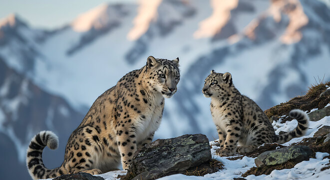Snow Leopards On A Snow Capped Alpine Ridge At Dusk