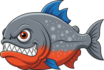 Aggressive cartoon piranha fish with sharp teeth, blue fins, and red belly — vector illustration for aquatic, wildlife, and fishing themes