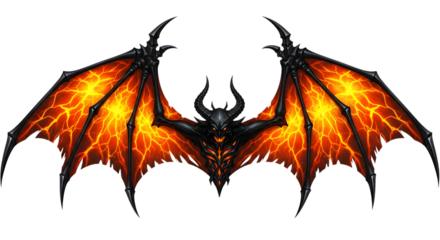 A fearsome demon with large, fiery, batlike wings spread wide, showcasing a menacing face and sharp claws, isolated on a transparent background for fantasy and horror themes