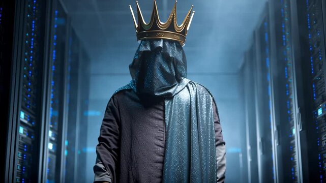 Data monopoly crown king server room technology digital network mysterious figure wearing crown stands server room symbolizing