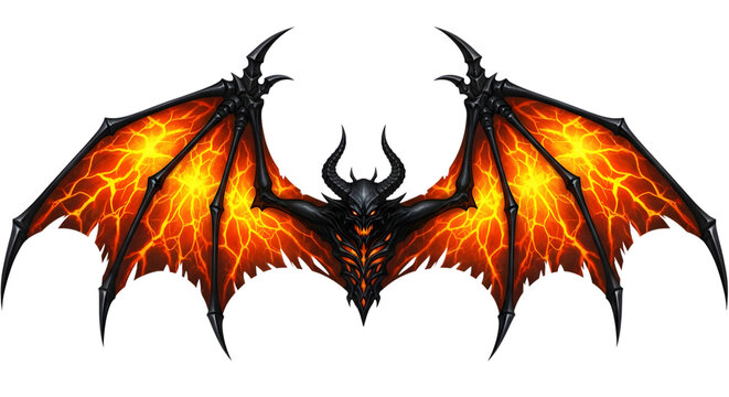 A fearsome demon with large, fiery, batlike wings spread wide, showcasing a menacing face and sharp claws, isolated on a transparent background for fantasy and horror themes - Powered by Adobe