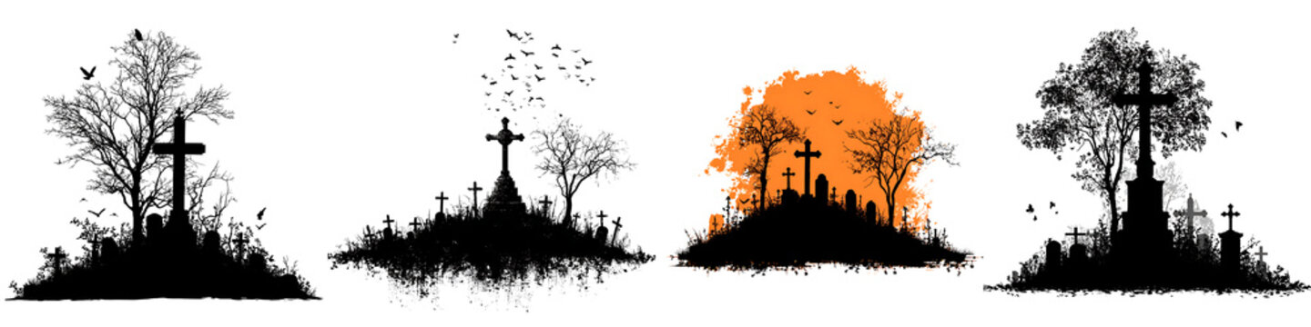 Set of a scary Halloween graveyard and cemetery silhouettes, isolated on a transparent background.