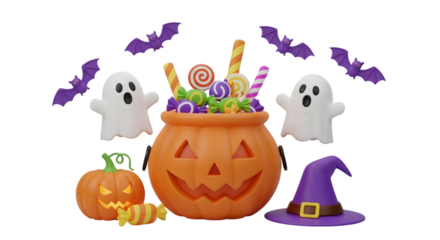 Halloween cauldron overflowing with candy, surrounded by ghosts, bats, and pumpkins, isolated on transparent background