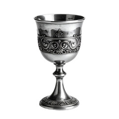 An ornate silver cup with intricate floral patterns and a decorative stem set against a transparent background. Ideal for Halloween party invitations and seasonal graphics.