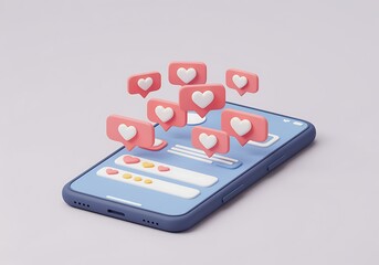 Smartphone displaying social media notifications with heart shaped likes internet popularity and engagement concept modern 3d illustration