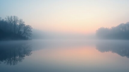 Fototapeta premium Silent lake scene with morning fog gently rising, pastel colors in sky reflected on water, peaceful and moody landscape. 