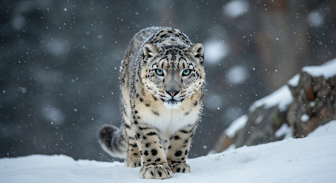 Snow Leopard In Snowy Landscape With Piercing Blue Eyes Surviving Winter Silence