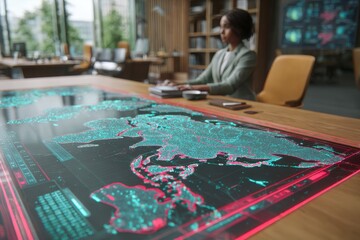 A focused professional analyzing digital data on a futuristic interactive table in a modern office