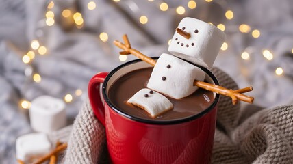 Adorable marshmallow snowman floating in a mug of hot chocolate with cozy winter lights in the background