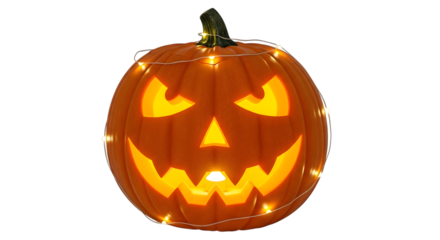 A carved halloween pumpkin with a scary face and glowing lights, isolated on transparent background