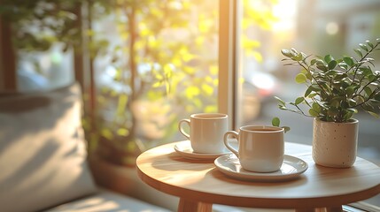 Coffee Time Serenity Morning light with Cafe, Relaxation, Plants, and Sunny Day.