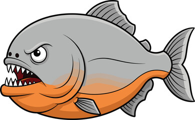 Angry cartoon piranha fish with sharp teeth and fierce expression, aggressive aquatic animal vector illustration for wildlife and fishing content