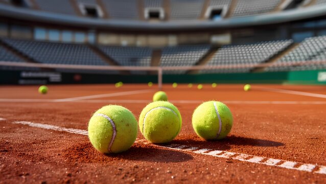 many ennis balls in a tennis clay court empty stadiom blurred background