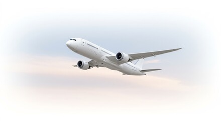 Obraz premium 白く輝く飛行機、穏やかな空を滑るように上昇する. AI Generated