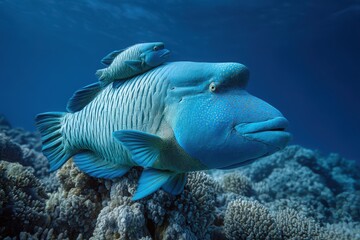 Fototapeta premium A large blue fish swimming gracefully over a vibrant coral reef with a smaller fish on its back