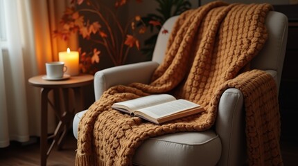 Inviting autumn reading nook featuring a soft blanket on a chair, lit candle, open notebook and steaming cup of tea, bathed in warm natural light.
