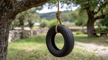 A tire swing hanging from a tree branch in a grassy area.