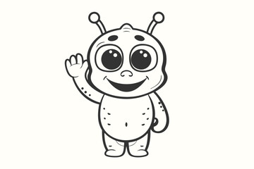 Outlined extraterrestrial cartoon character with large eyes happily waves hello, inviting friendship
