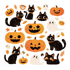 Fototapeta premium Cute Halloween illustration, smiling pumpkin jack-o'-lanterns, black cats with big eyes, little ghosts waving, pastel color palette, cartoon style, kawaii aesthetic, playful atmosphere