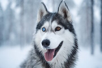 Naklejka premium A majestic Siberian Husky with striking blue and amber eyes stands in a snowy forest landscape
