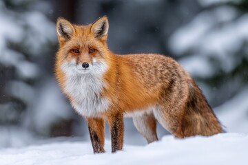 Obraz premium A majestic red fox stands gracefully in a snowy forest, surrounded by tall trees and soft snowfall
