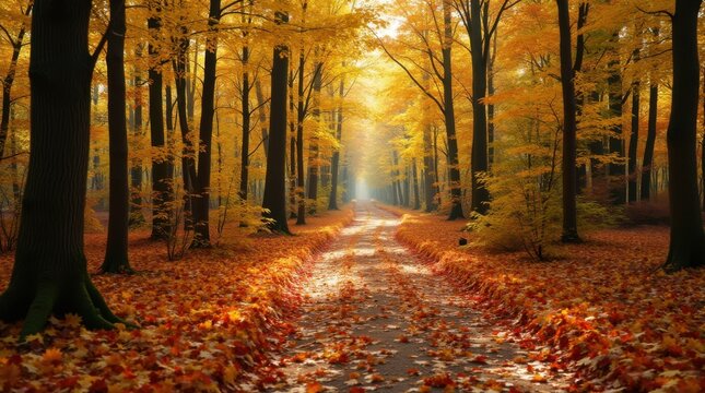 A peaceful forest path blanketed with vibrant yellow and red fallen leaves, framed by tall trees and warm autumn sunlight.
