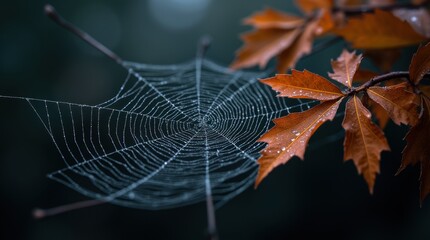 Detailed close-up photo of a spider web with dew beads surrounded by colorful fall leaves, sharp textures contrasting with a dark background.
