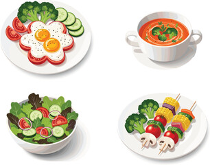 Vector illustration set of healthy food meals, including fried eggs, soup, fresh salad, grilled vegetables, served on plates, for menu design