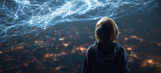 A boy gazes thoughtfully at a futuristic network of glowing connections, symbolizing technology, digital innovation, and a connected future.