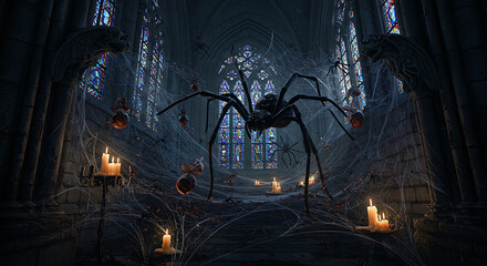 Gothic Cathedral Hall Shrouded In Spidery Webs And Candlelight