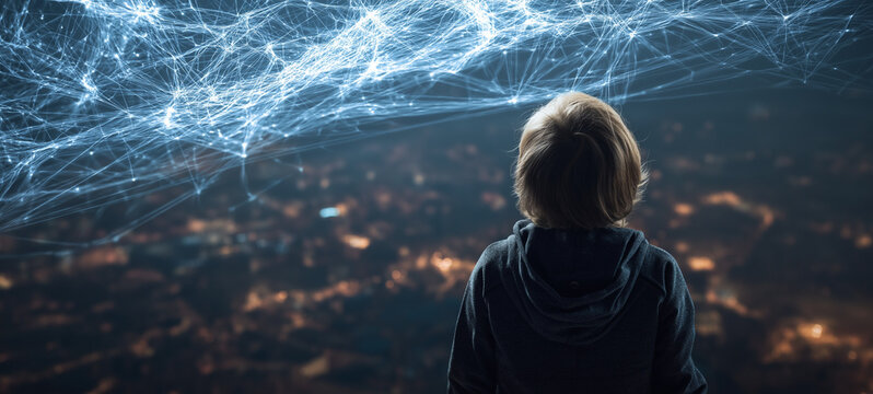 A boy gazes thoughtfully at a futuristic network of glowing connections, symbolizing technology, digital innovation, and a connected future. - Powered by Adobe
