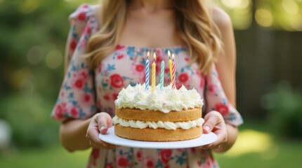 Happy woman in a flowing floral dress holding a candle-lit cake outdoors in bright daylight, garden celebration atmosphere.
