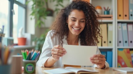 A smiling woman opening a birthday card at her desktop surrounded by office supplies, bright natural daylight for a cheerful atmosphere.
