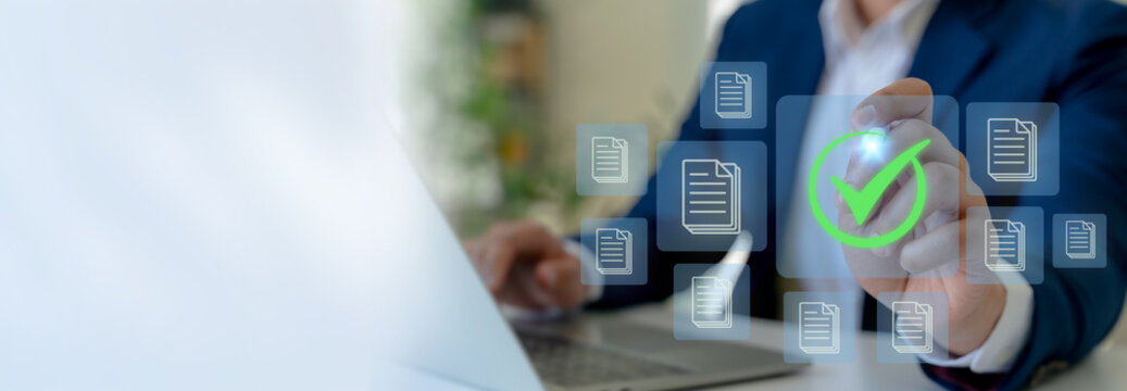 Digital document approval, document management system concept. Using a digital interface to manage and verify electronic documents. DMS with secure approval processes and efficient workflow automation