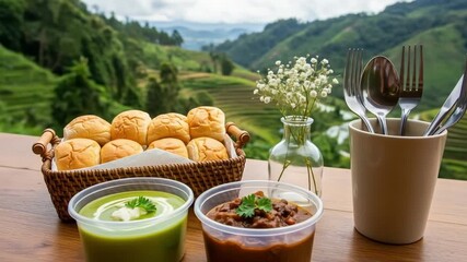 A traditional Indonesian meal featuring ketupat (rice cakes), opor ayam (chicken in coconut curry), and sambal goreng kentang (fried potatoes with spicy sauce), set in a beautiful outdoor ... See More