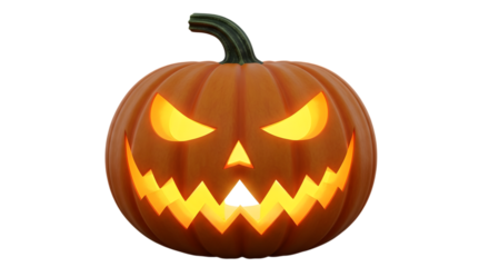 Glowing jackolantern with a menacing carved face and bright orange light emanating from within, isolated on transparent background