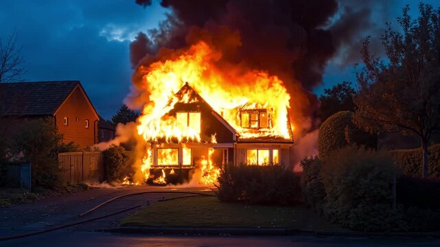 A house on fire with a hose in front of it