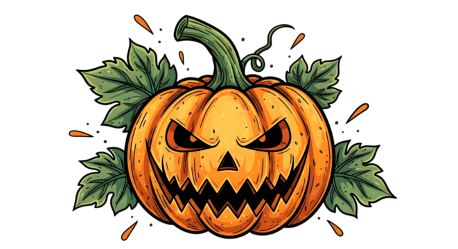 Spooky jackolantern with carved evil face and green stem surrounded by autumn leaves, isolated on transparent background