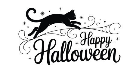 Leaping black cat silhouette with curled tail and stars above “Happy Halloween” text in cursive, festive illustration for spooky design themes