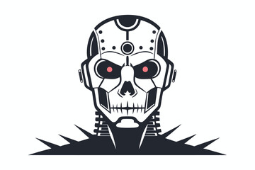 Robotic skull with glowing red eyes stares intensely from a black, spiked mechanical collar