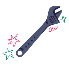 Clé à molette style flat coloré avec des doodles