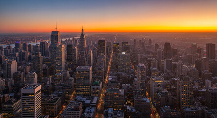 Fototapeta premium Cityscape silhouettes rise against the vibrant sunset sky in New York City, creating a stunning urban panorama with warm, golden hues.