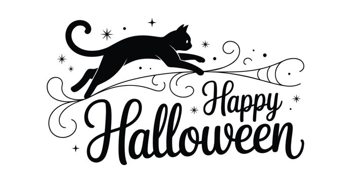 Leaping black cat silhouette with curled tail and stars above “Happy Halloween” text in cursive, festive illustration for spooky design themes